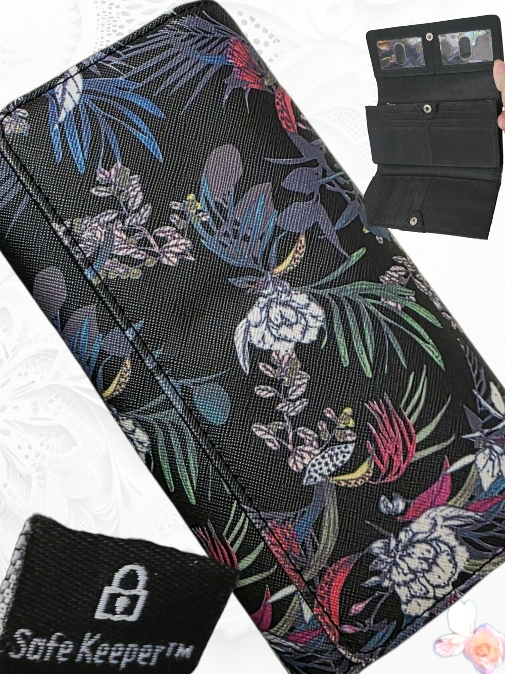 Guang Tong Safe Keeper Black Floral Long Wallet – Like New
